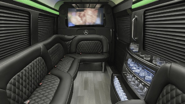 Interior of Charter Bus Company Tustin's 14 Passenger Sprinter Limousine in Tustin
