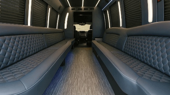 Interior of Charter Bus Company Orange's 50 Passenger Party Bus in Orange